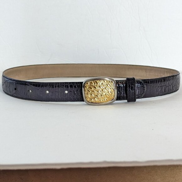 Vintage Carolee Leather Belt Gold Silver Tone Buckle Croc Metal Jeweled - Picture 5 of 10